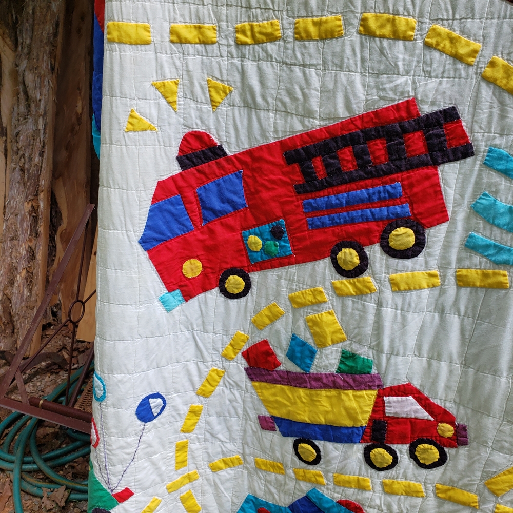 vintage rare fimd colorful Fire Truck and Boat Kids Quilt